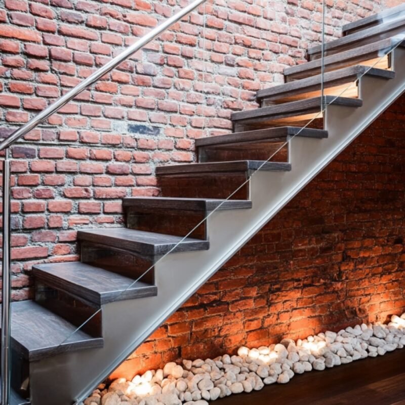 Industrial Straight Staircase Design with Concrete Base and Wooden Treads