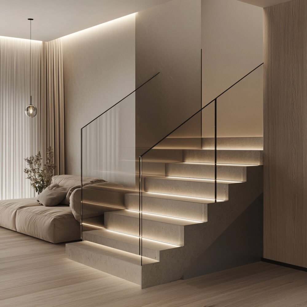 Minimal Stone and Glass Straight Staircase Design
