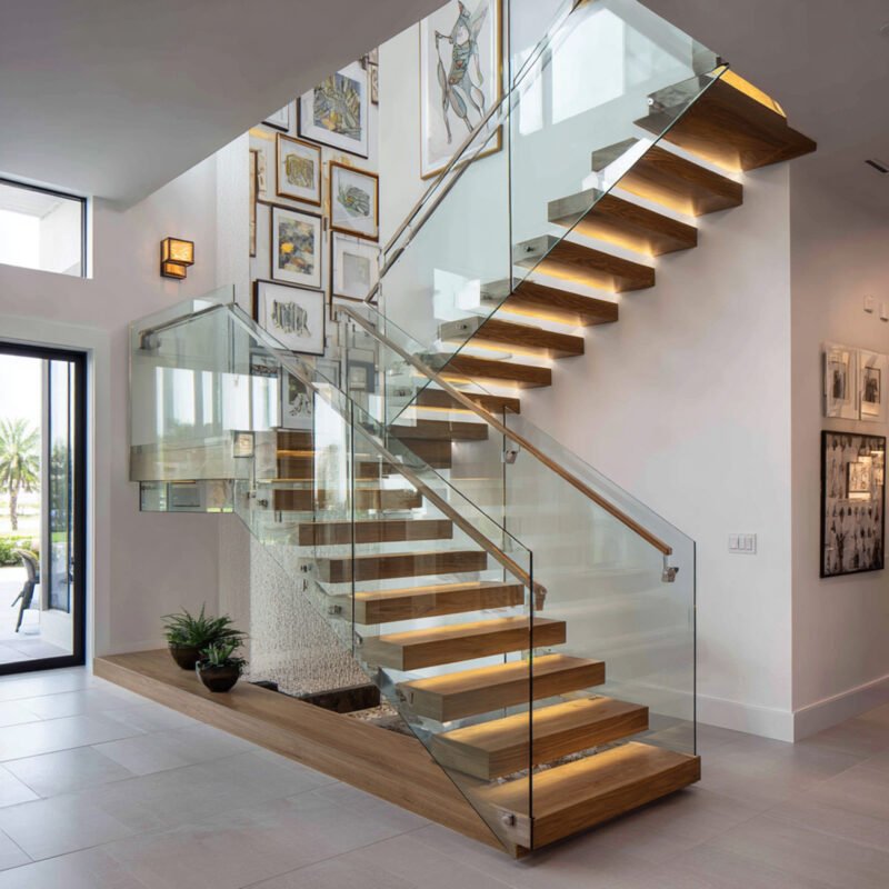 Modern U-Shaped Staircase Design with LED and Glass Railings