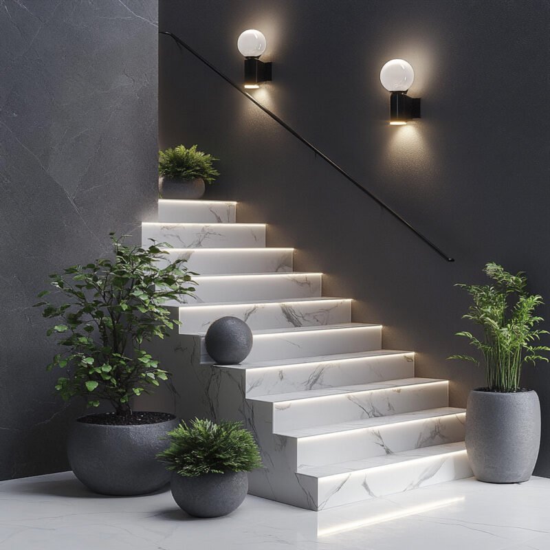 Modern White Marble Straight Staircase Design