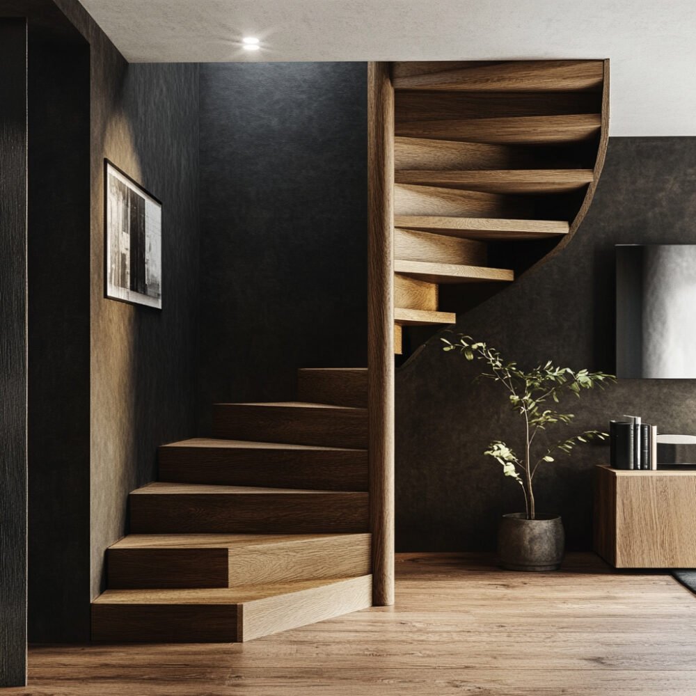 Contemporary Spiral Staircase Design with Wood Materials