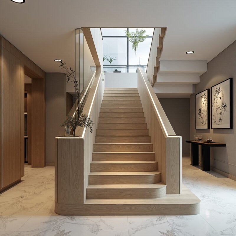 Modern Style Dog-Legged Wooden Staircase Design