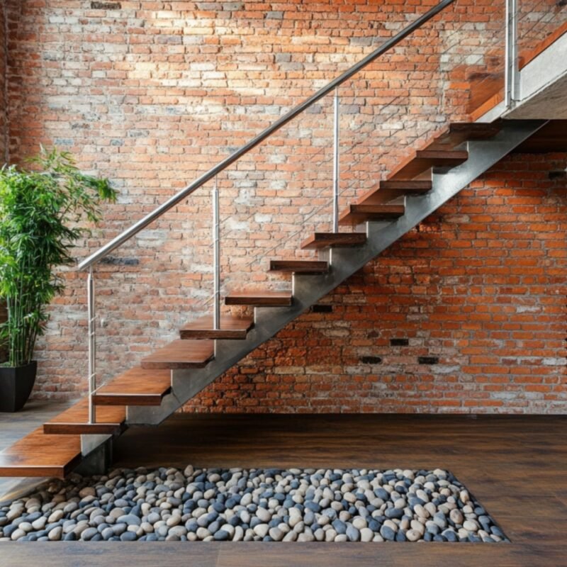 Industrial Straight Staircase Design with Wood and Concrete Construction