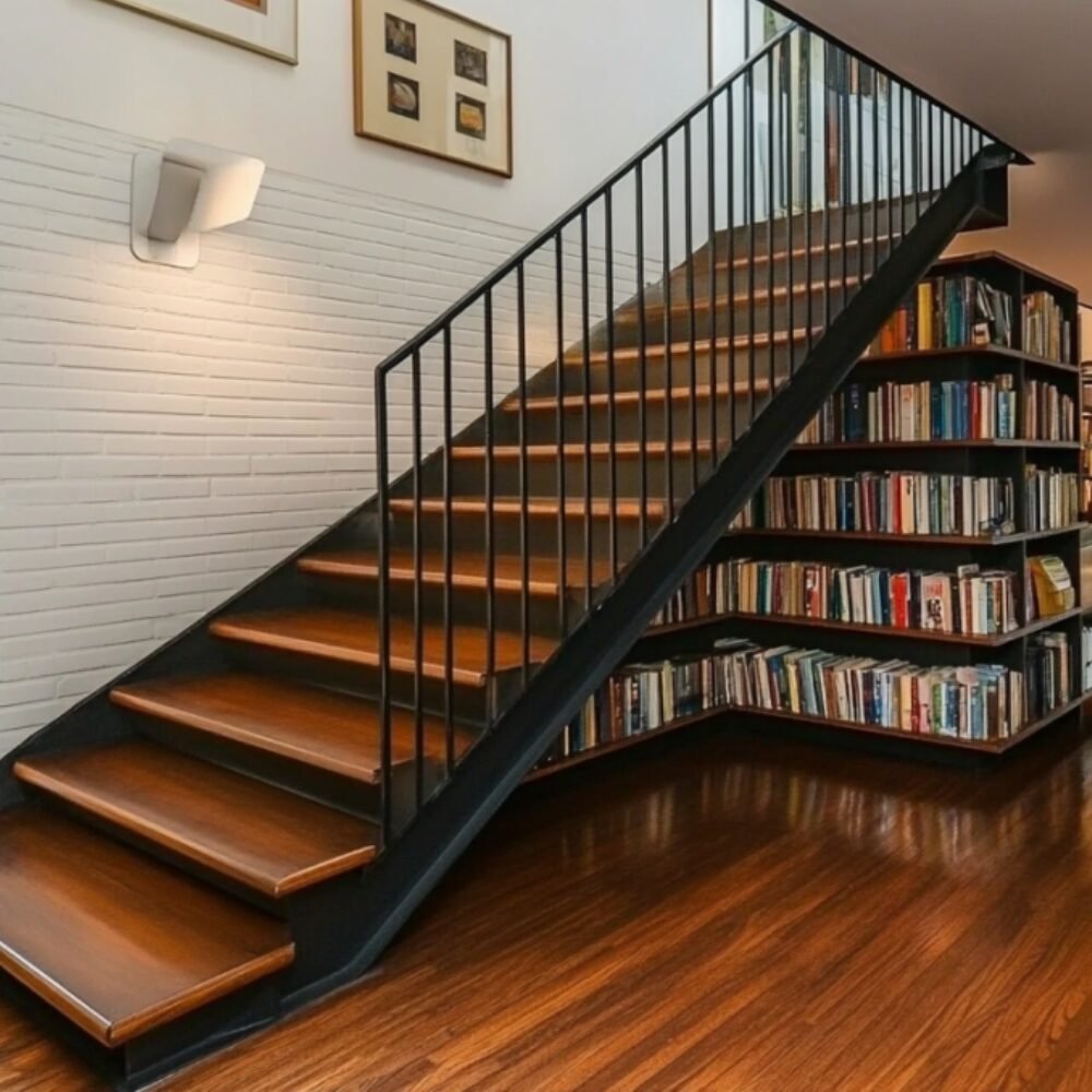 Mid-Century Modern Straight Staircase Design with Wood and Steel