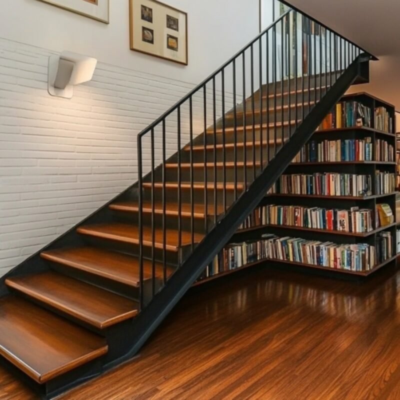 Mid-Century Modern Straight Staircase Design with Wood and Steel