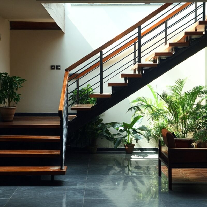 Tropical L-Shaped Staircase Design with Metal and Wood Materials
