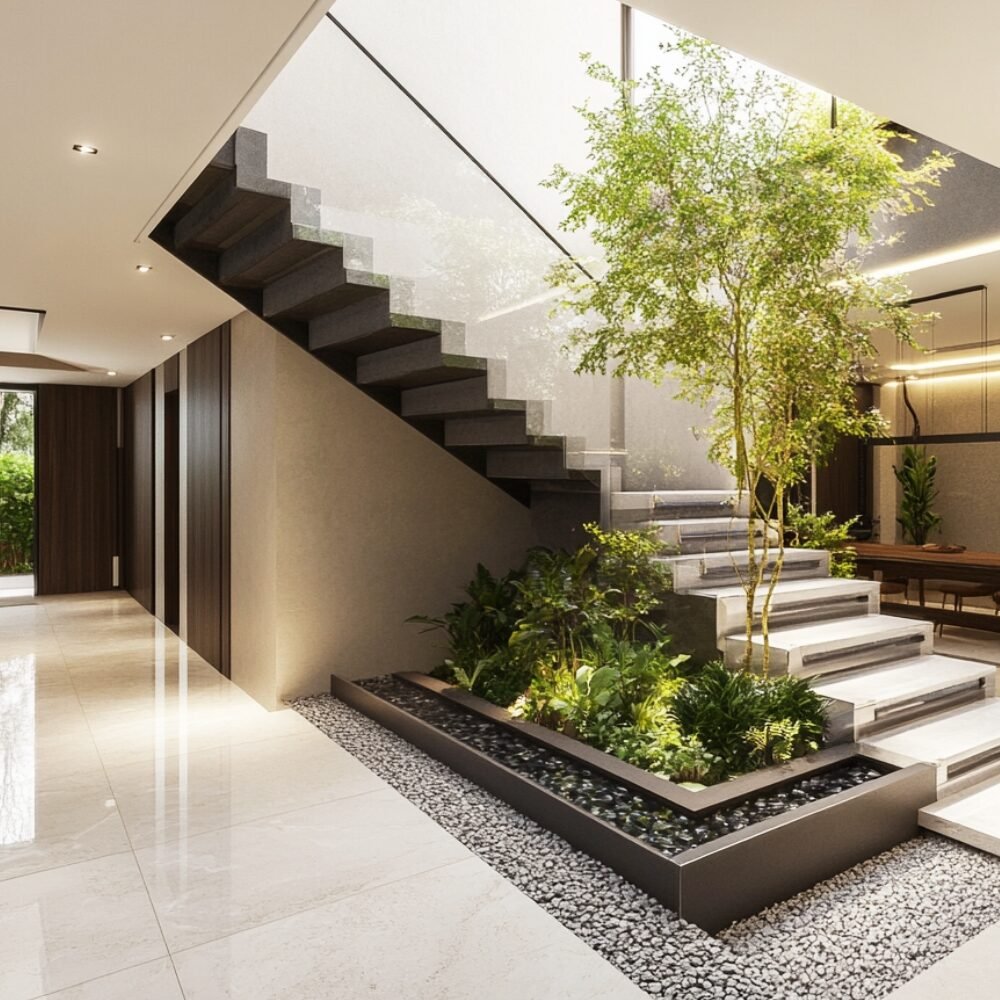 Contemporary L-Shaped Staircase Design Made of Glass and Tile