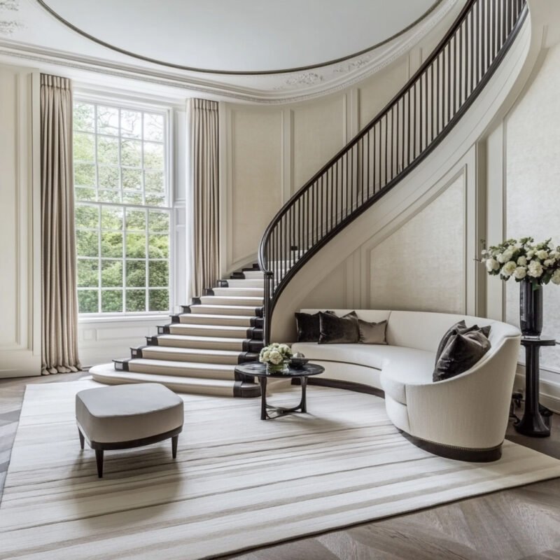 Classic Curved Staircase Design with Black Marble and Carpet