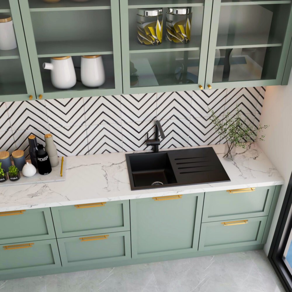 Classic Black Granite Kitchen Sink Design With Green Kitchen Cabinets