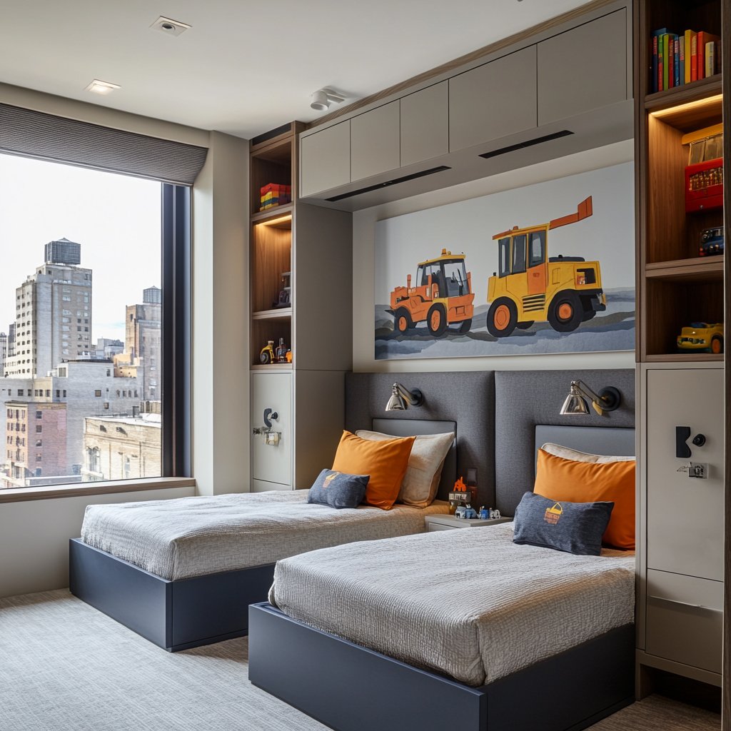 Modern Boy?s Bedroom Design with Dual Bed and Built-in Storage