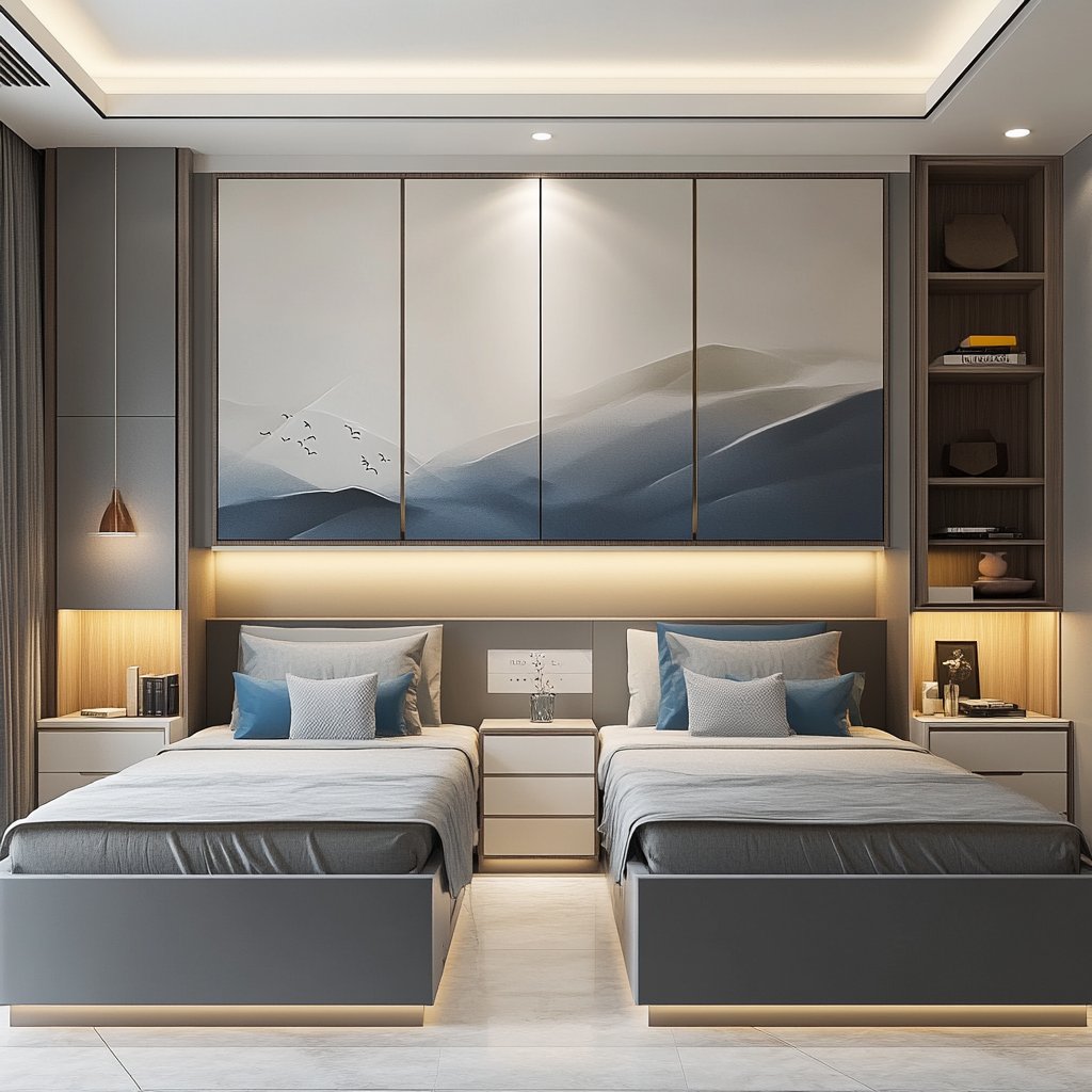 Space-Saving Double Bed with Overhead Storage and Wall Shelves