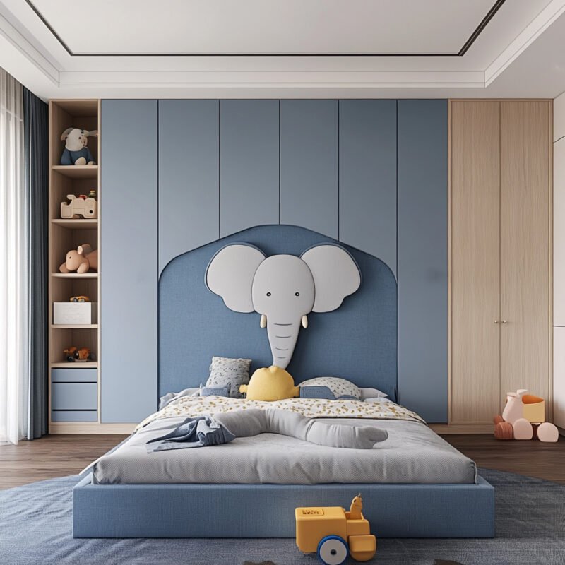 Space-Saving Design with Elephant Headboard and Integrated Wardrobes