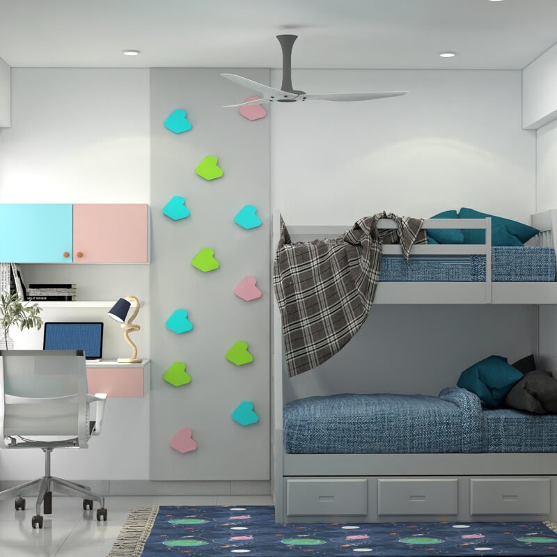 Compact Kids’ Room Design With Desk, Storage, and Climbing Wall