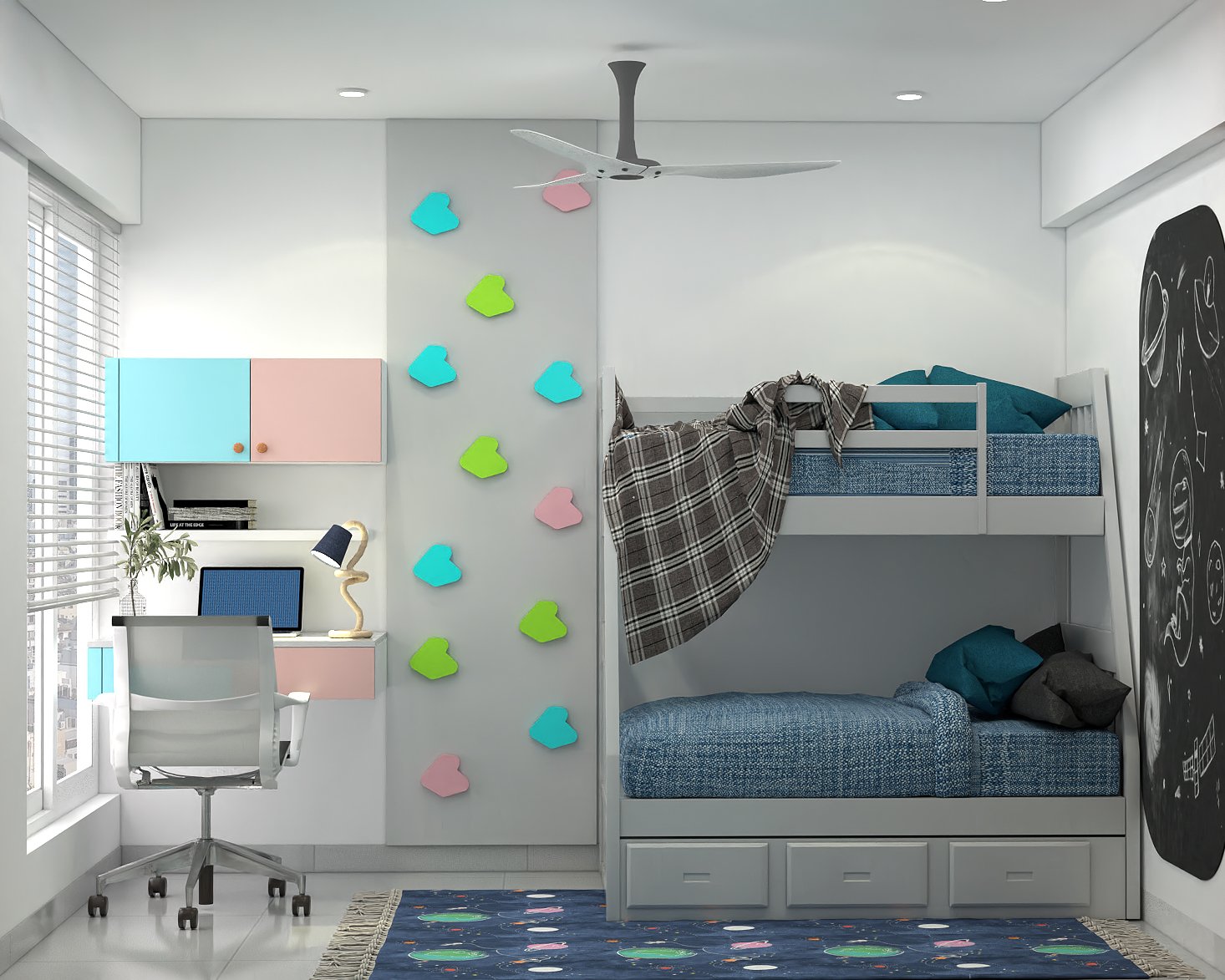 Compact Kids' Room Design With Desk, Storage, and Climbing Wall