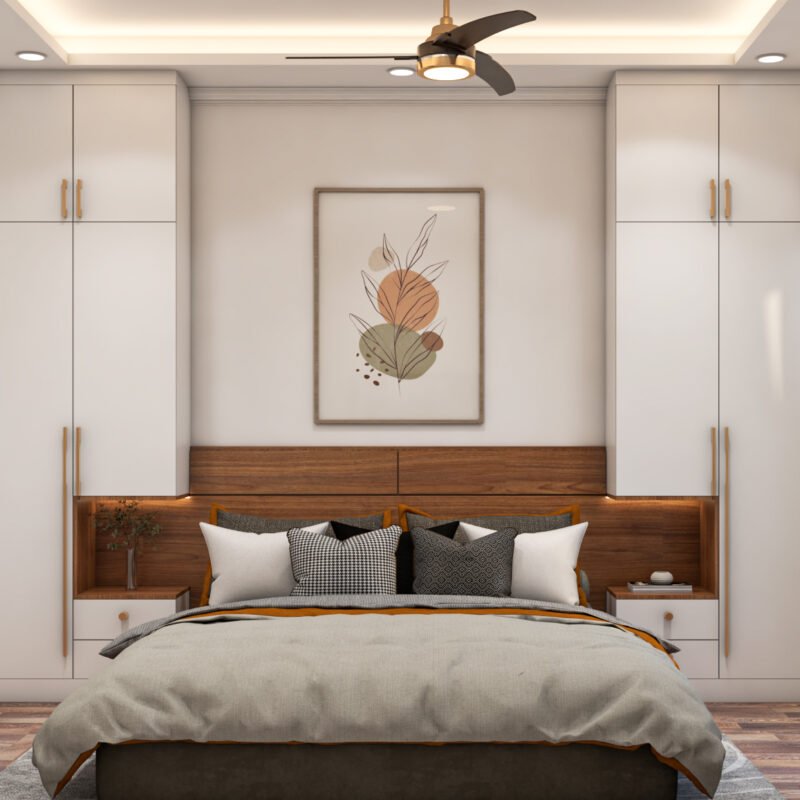 Space Saving Bedroom With Wardrobes Framing Bed and Nightstands