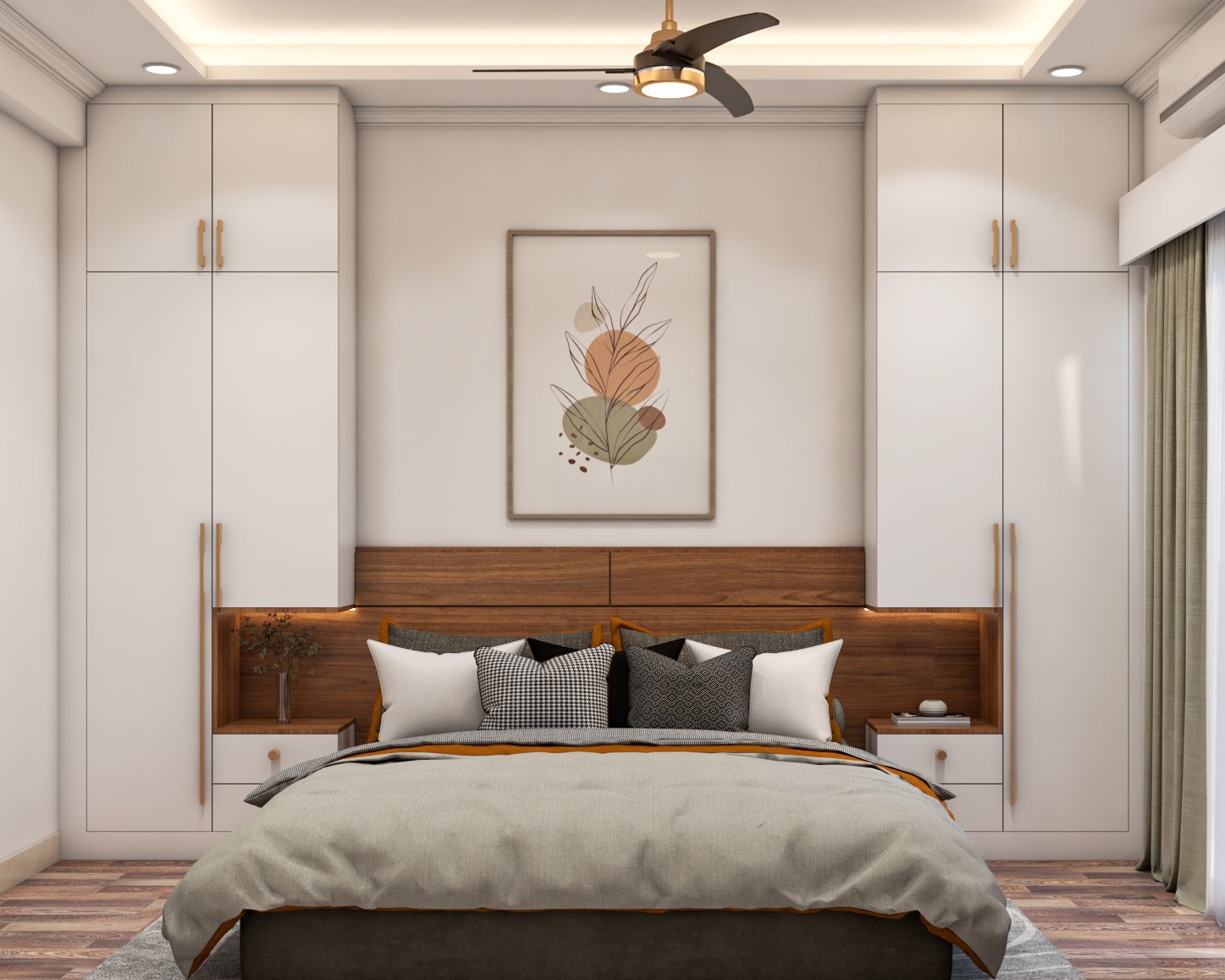 Space Saving Bedroom With Wardrobes Framing Bed and Nightstands