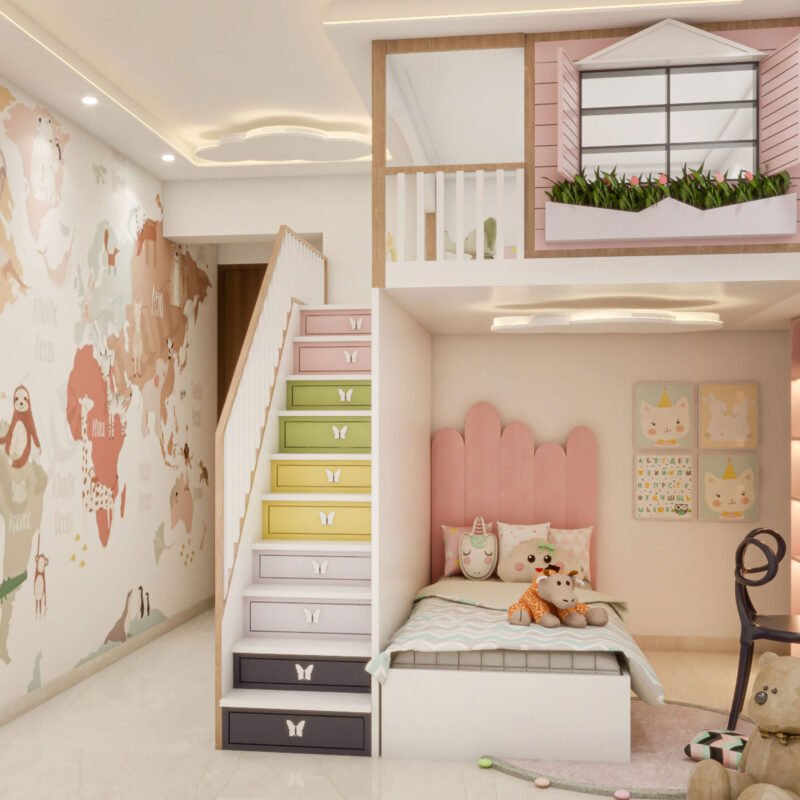 Compact Kids Room Design With Loft Play Area and Stair Storage