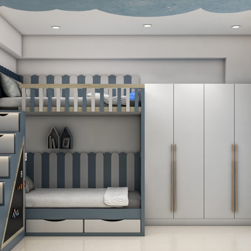 Space Saving Room with Bunk Bed, Staircase Storage and Wall-Fit Wardrobe
