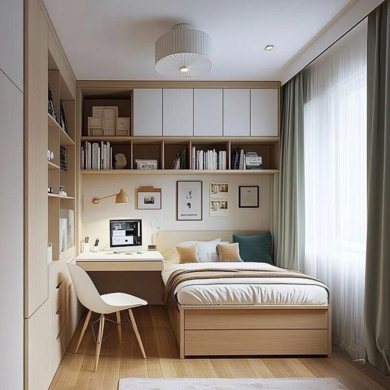 Efficient Space Saving Bedroom Design with Integrated Furniture and Storage