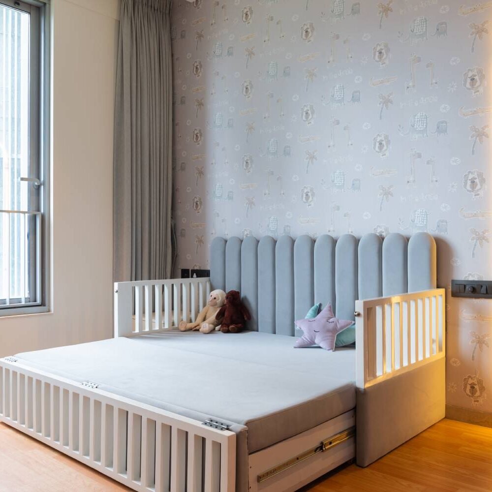 Space Saving Kids Room with Fun Animal Wallpaper and Colorful Decor