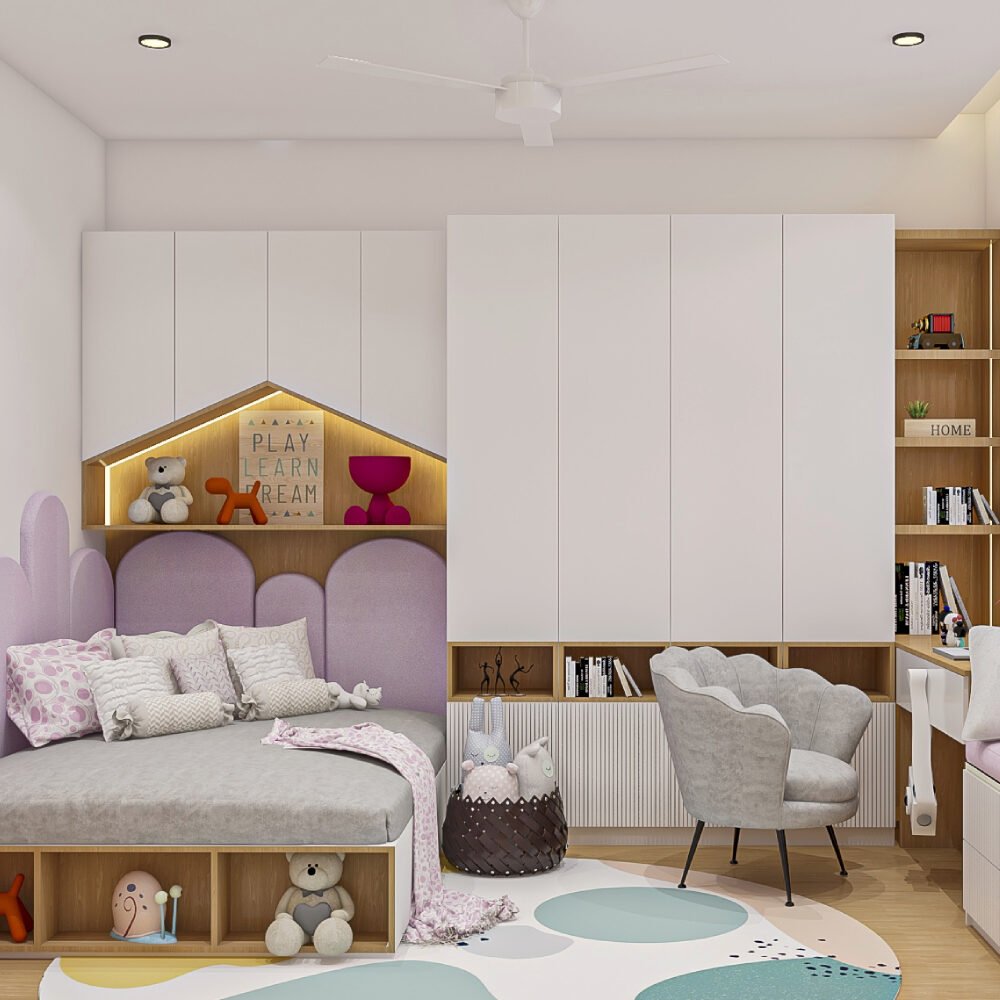 Space-Saving Kids? Bedroom Design with House-Shaped Shelf