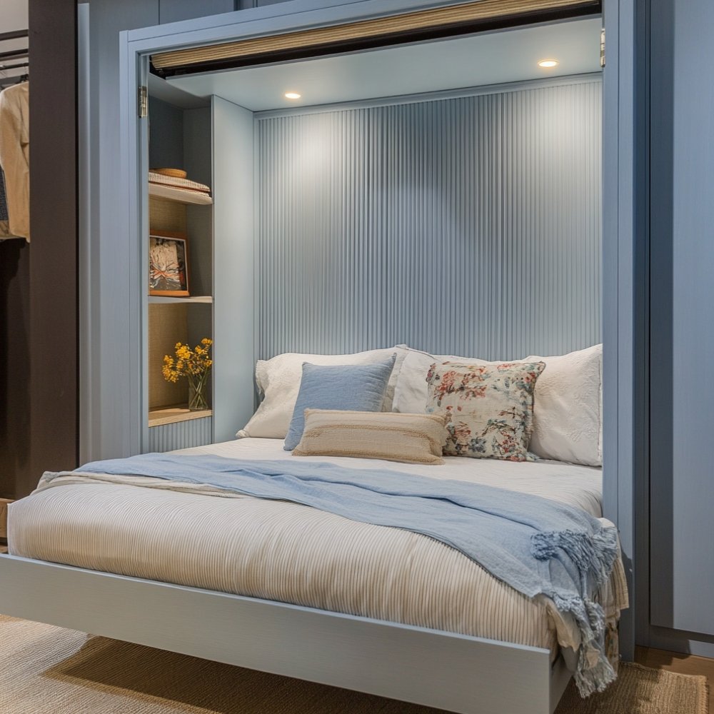 Space-Saving Design with Hidden Bed, Recessed Lighting, and Storage
