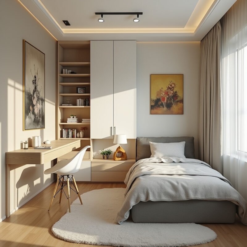 Smart Space-Saving Design with Built-In Desk and Custom Wardrobe