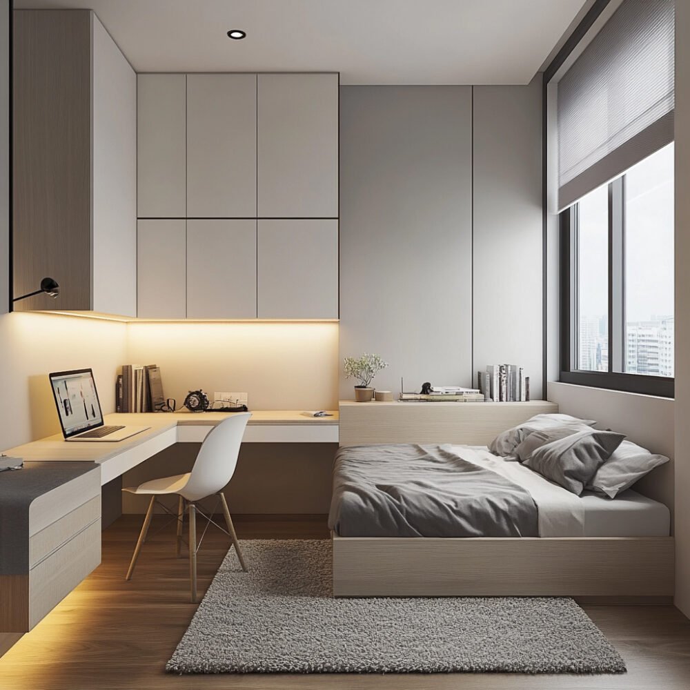 Smart Space-Saving Bedroom with Integrated Storage and Floating Workstation