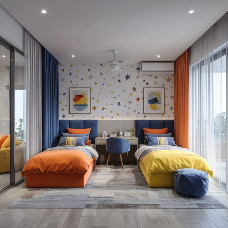 Twin Bed Space-Saving Design with Shared Study Desk