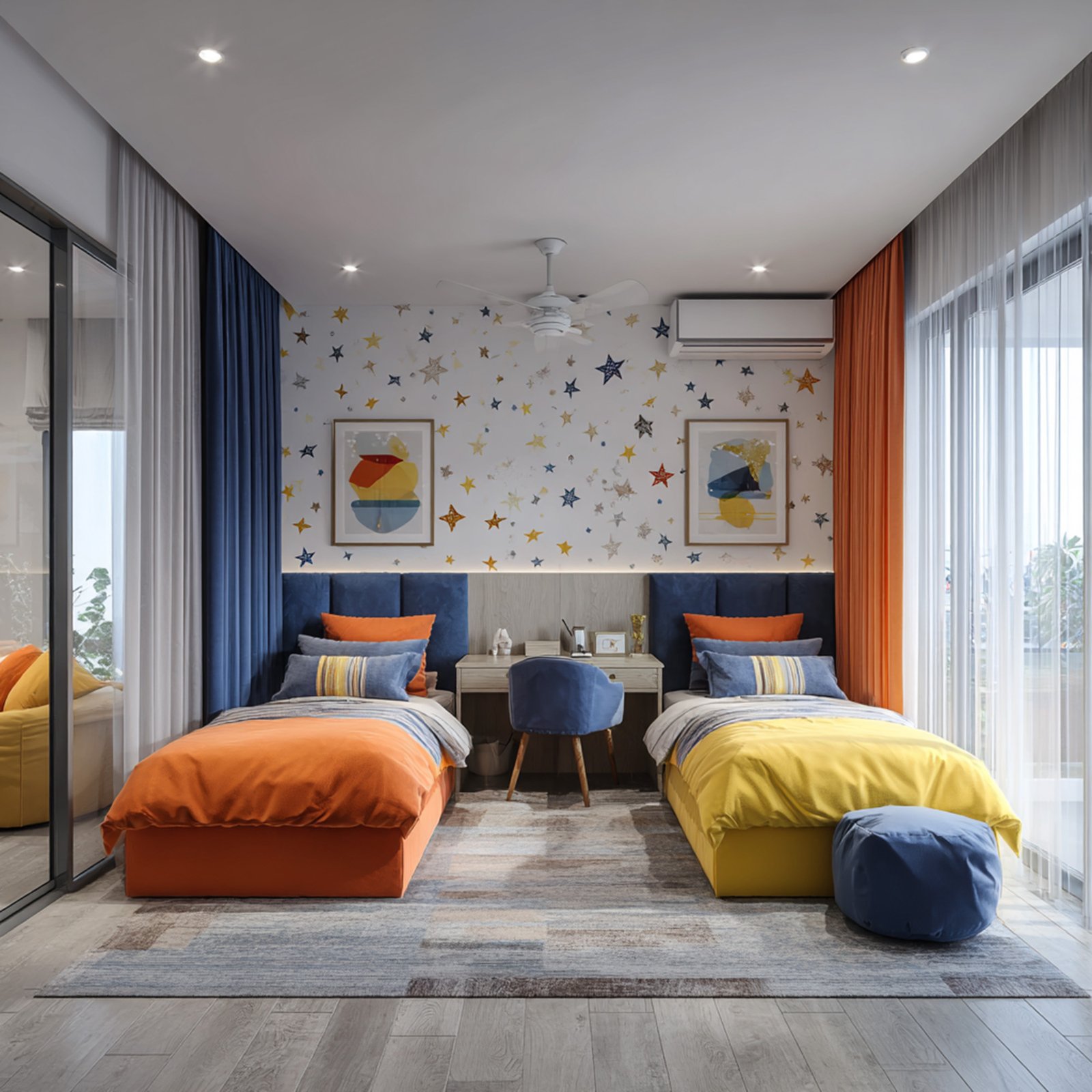 Twin Bed Space-Saving Design with Shared Study Desk