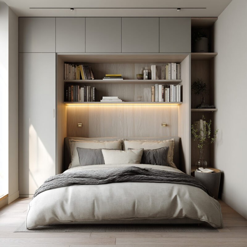 Space-Saving Wall Storage Design Around Bed with Symmetrical Layout