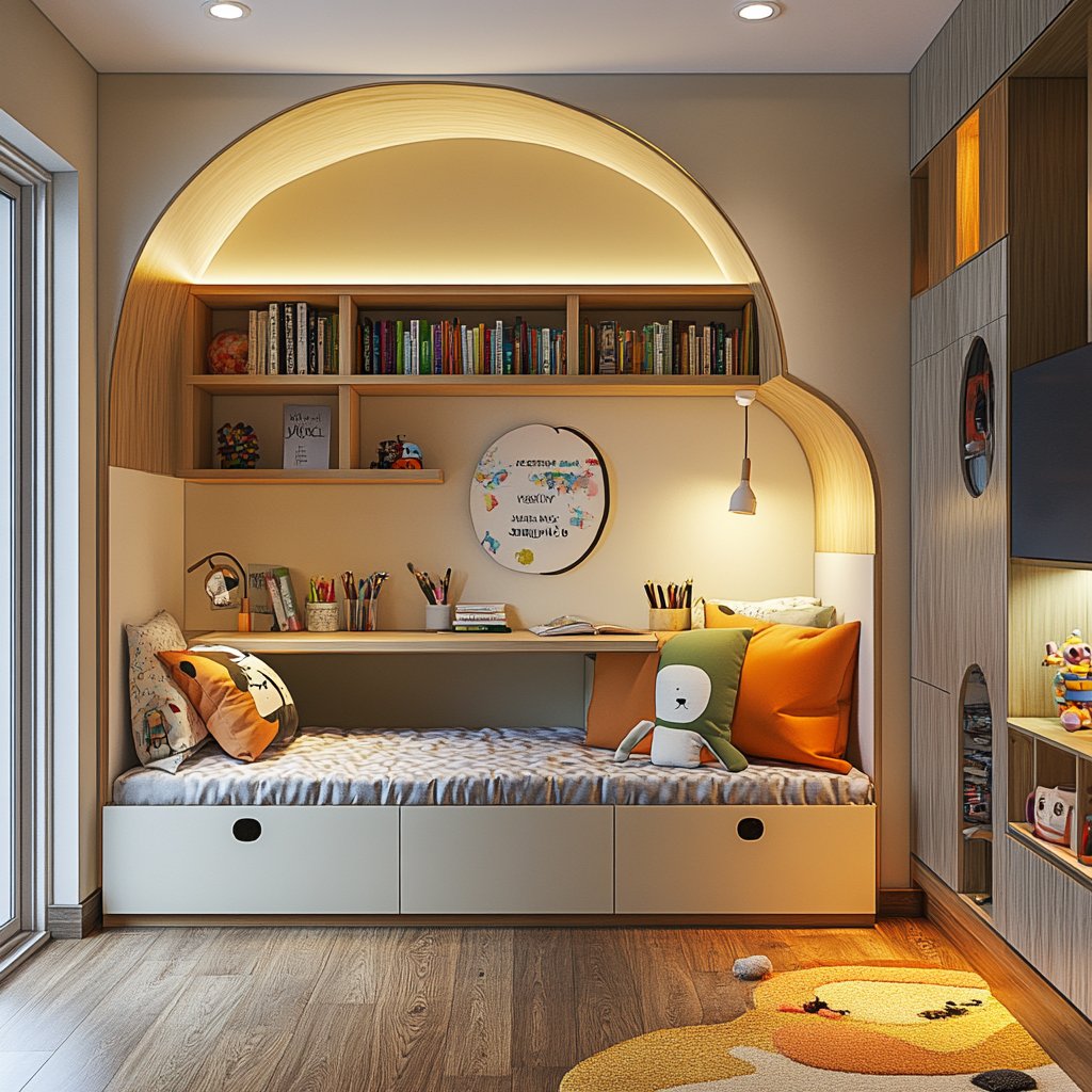 Space-Saving Kids Bedroom Design with Built-in Bed and Storage