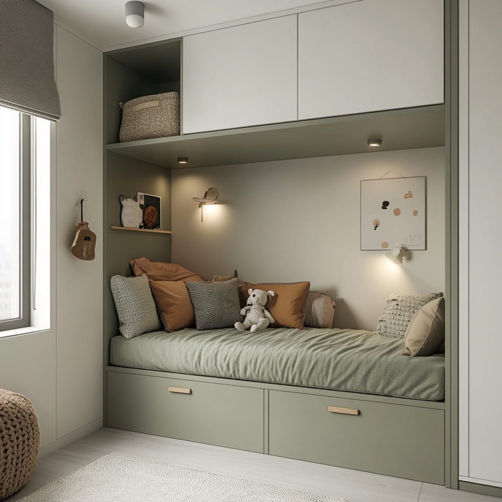 Space-Saving Bedroom Design with Built-in Bed and Storage Drawers