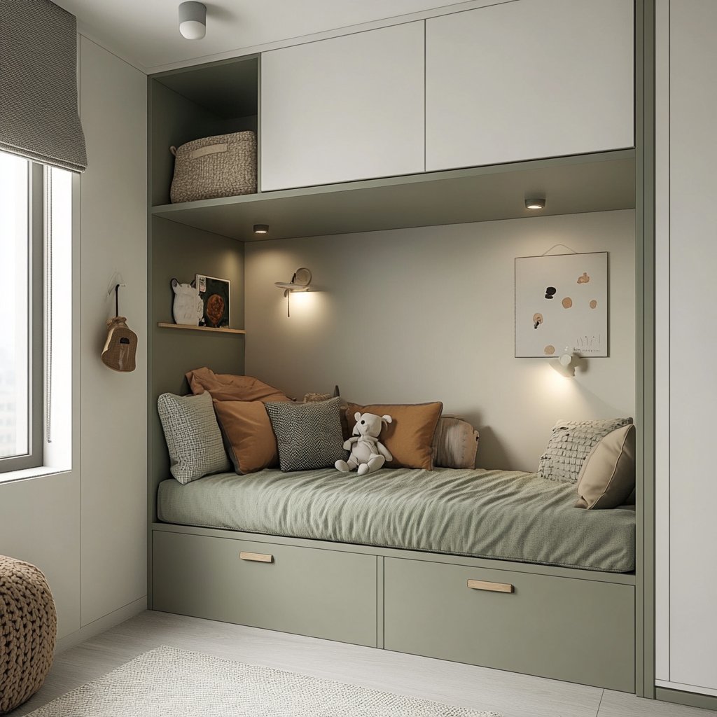Space-Saving Bedroom Design with Built-in Bed and Storage Drawers