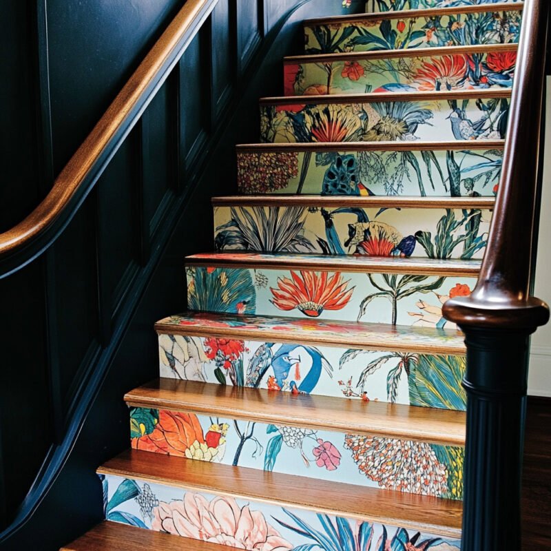Bohemian Straight Staircase Design with Hardwood Steps
