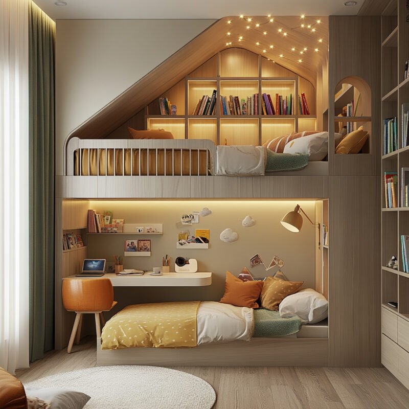 Space-Saving Loft Bedroom Design for Kids with Cozy Bed and Desk