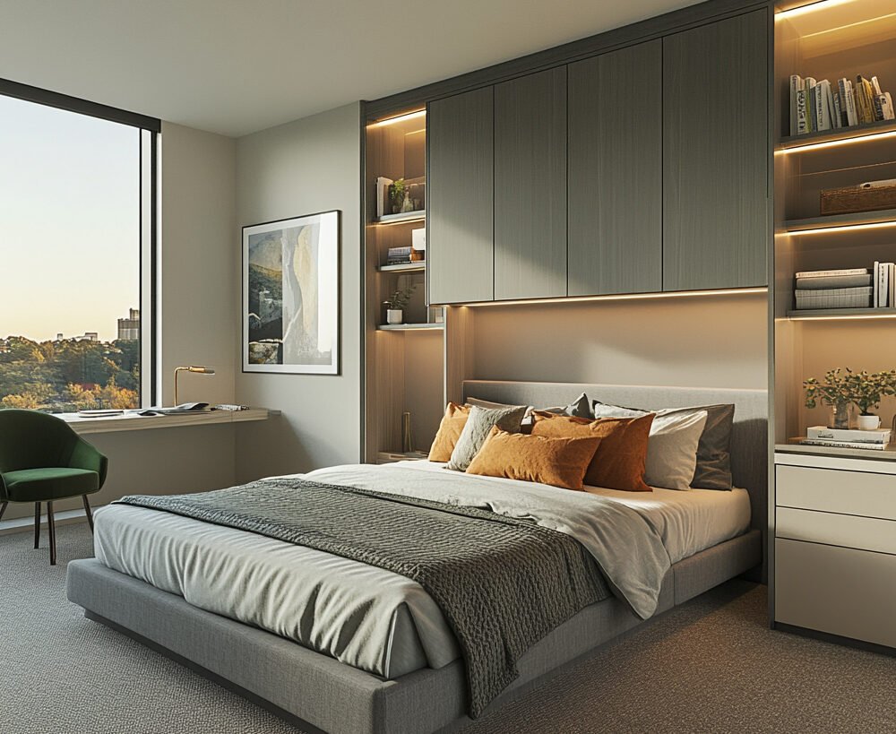 Space-Saving Bed with Built-in Storage and Ample Wall Shelving