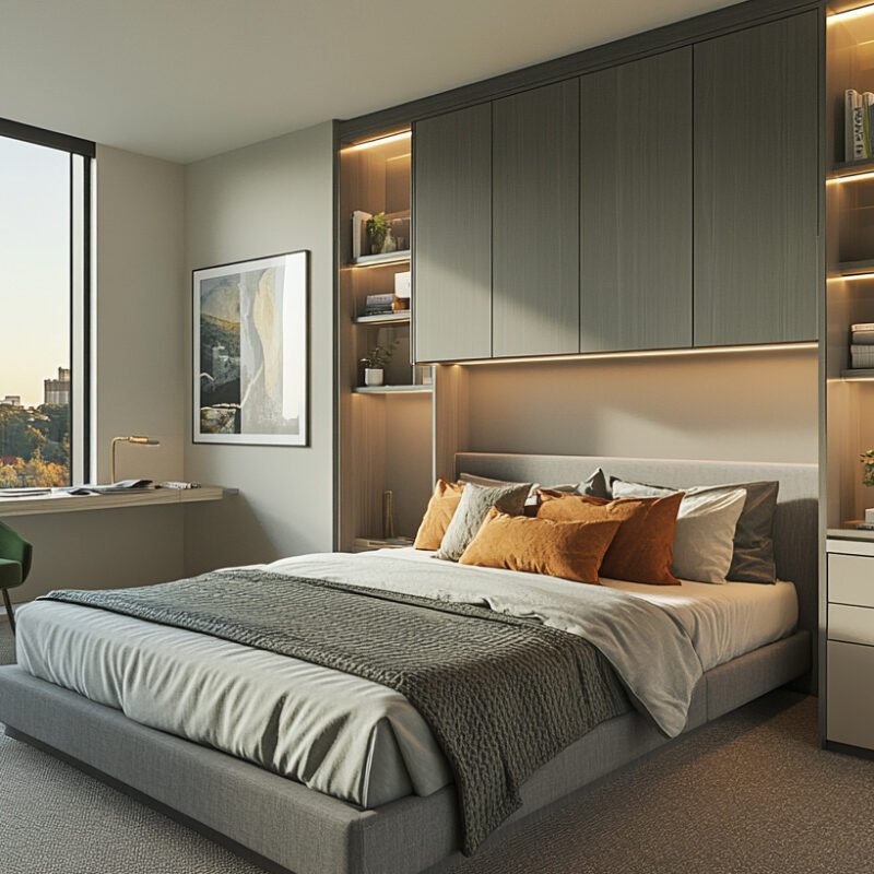 Space-Saving Bed with Built-in Storage and Ample Wall Shelving