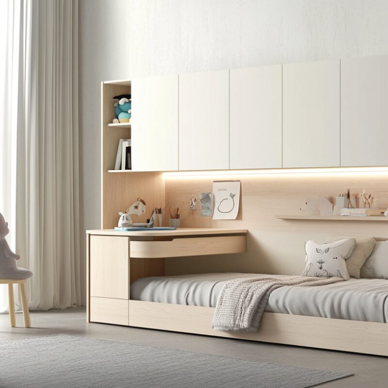 Scandinavian Kids Bedroom Design with Wooden Bed and Study Table