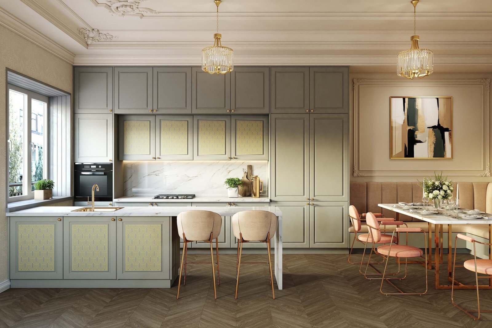 Open-Concept Kitchen-Dining with Banquette and Vertical Storage