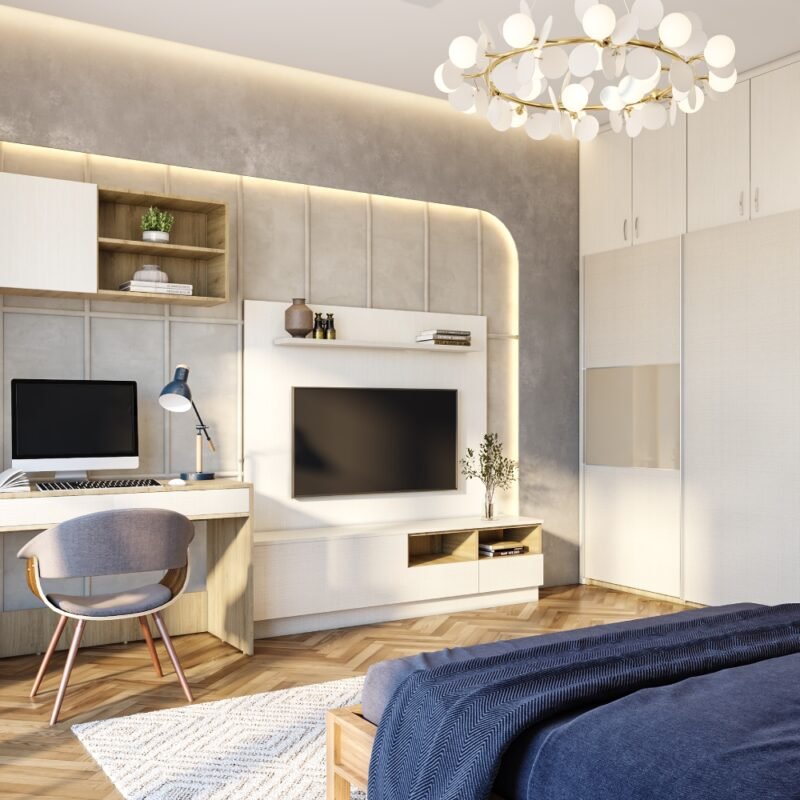 Space-Saving Design with Integrated Workstation and Floor-to-Ceiling Storage