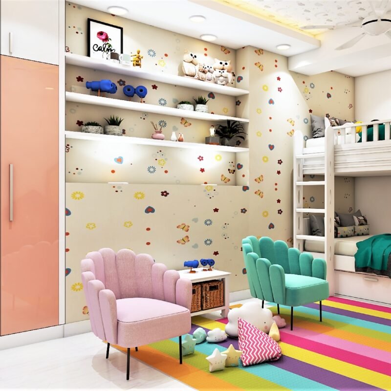 Space-Saving Bunk Bed with Built-In Storage and Wall Shelves