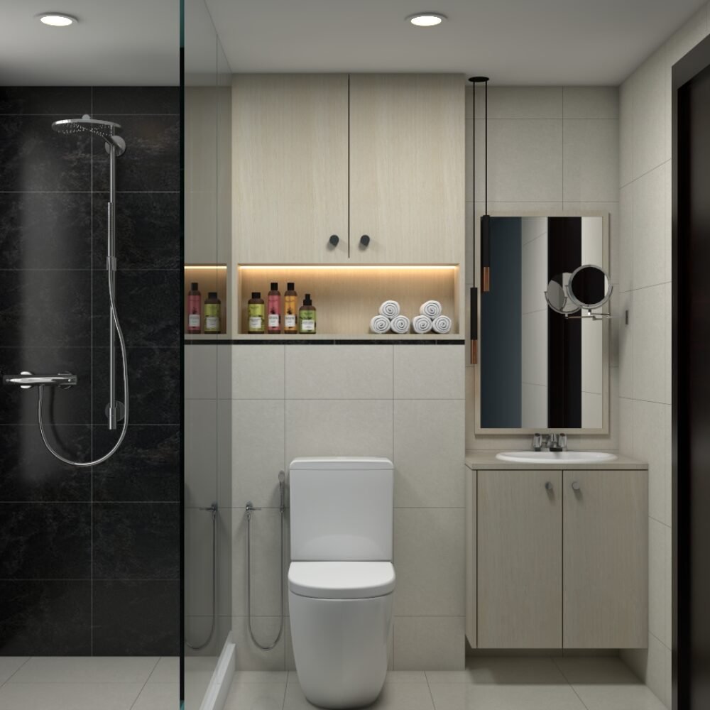 Space-Saving Bathroom Design with Wall-Mounted Cabinet and Floating Vanity