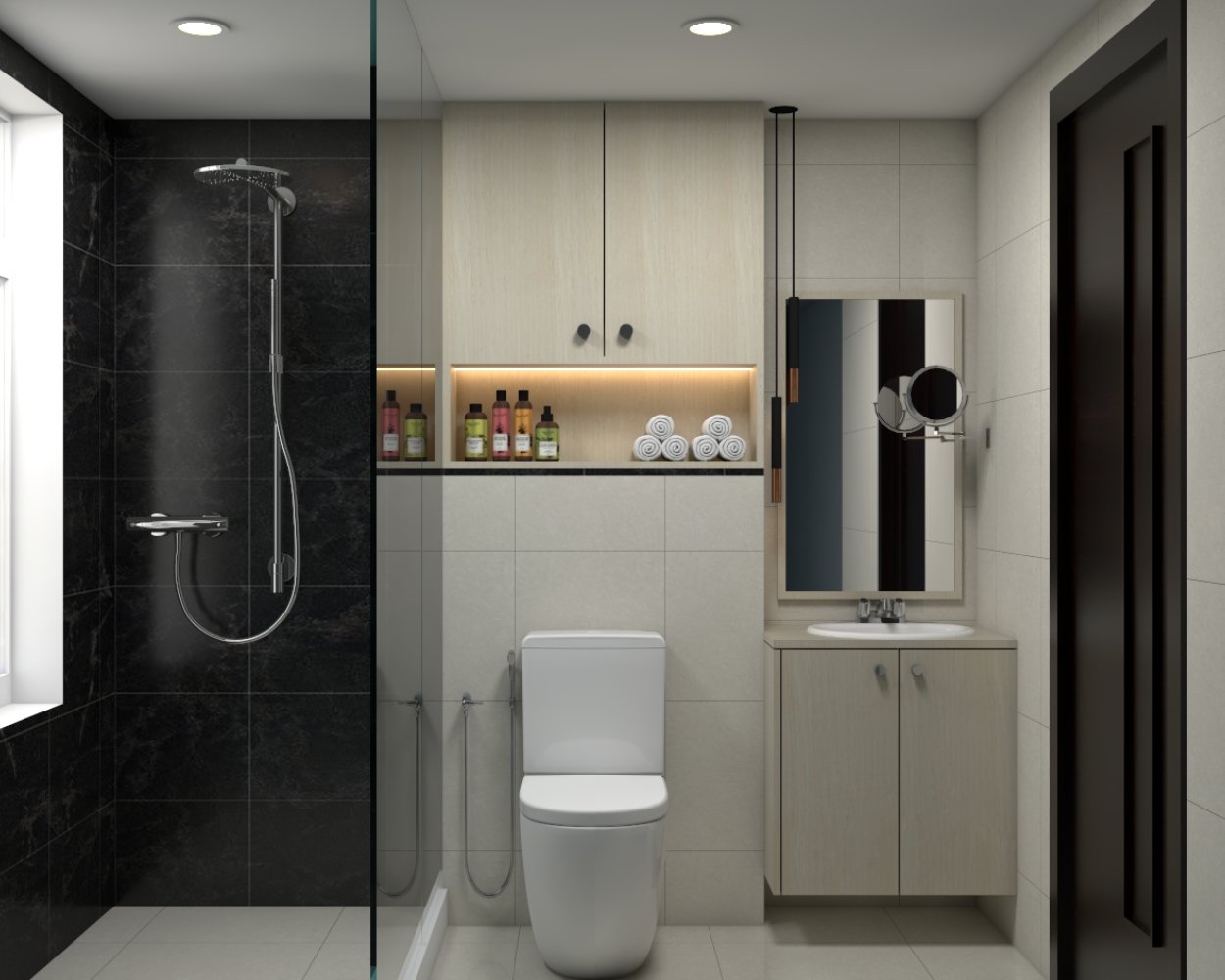 Space-Saving Bathroom Design with Wall-Mounted Cabinet and Floating Vanity