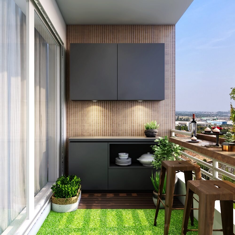 Outdoor Kitchenette with Space-Saving Built-in Bar and Stackable Stools