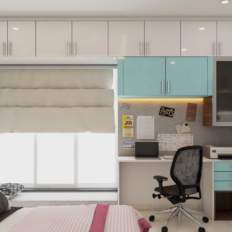 Modern Blue And White Study Room Design With Loft Storage