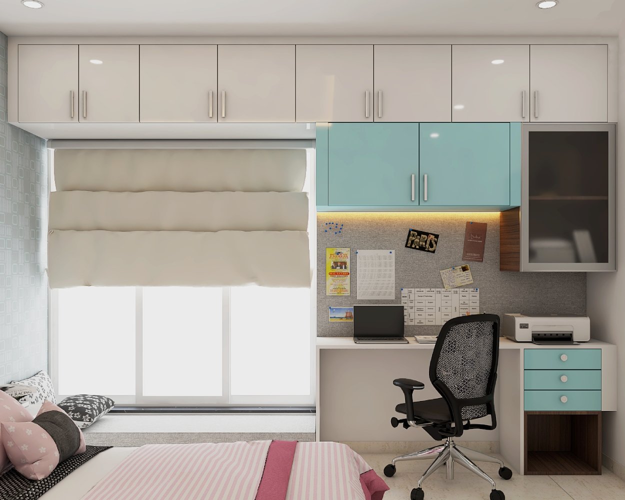 Modern Blue And White Study Room Design With Loft Storage