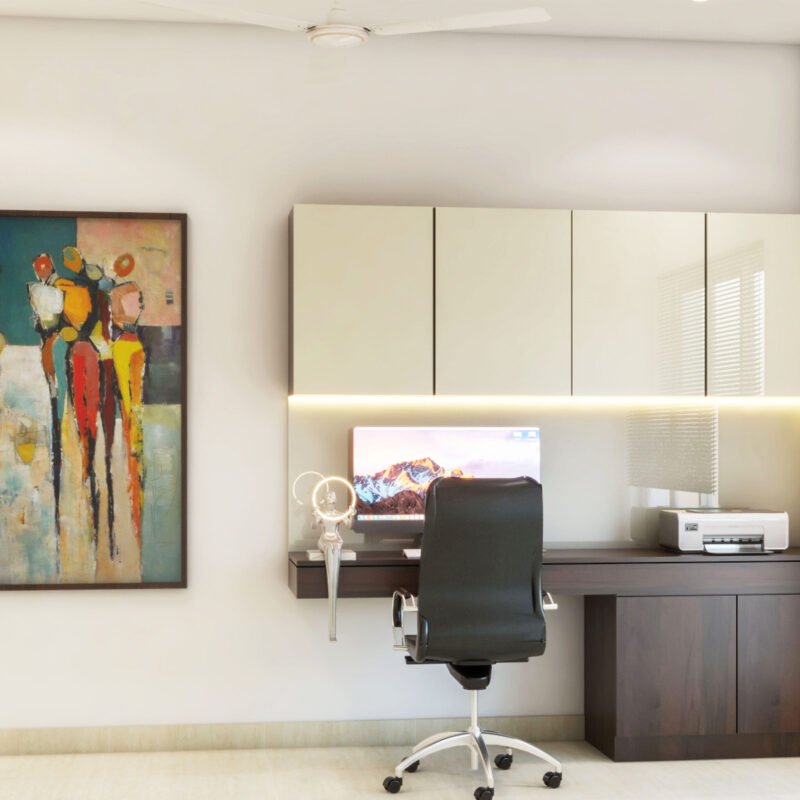 Contemporary Champage And Wood Study Room Design With Strip Lights