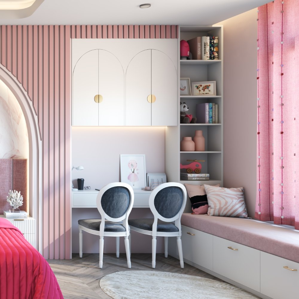 Art Deco Frosty White Study Room Design With Onion Pink Wall Panels