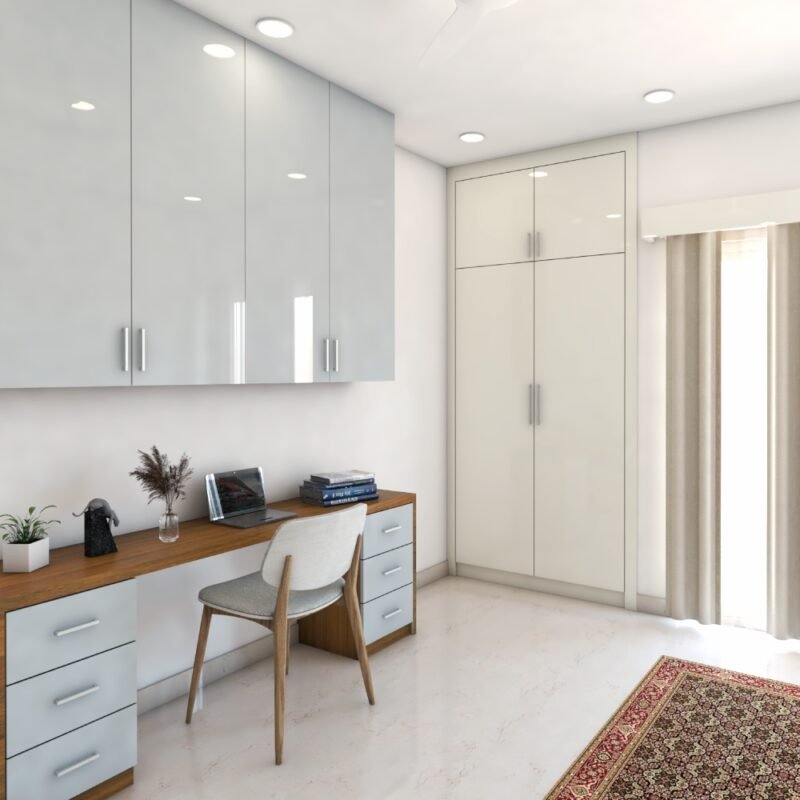 Modern Grey And Walnut Toned Study Room Design With Wall Unit